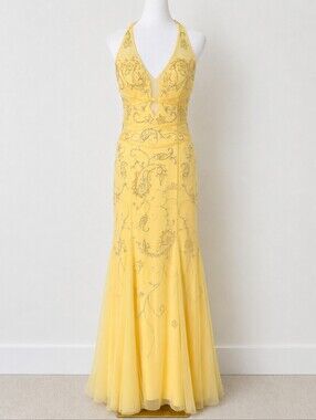 Y2K Cache Beaded Dress Halter Gown Butter Yellow Sequin Embellished Dress L